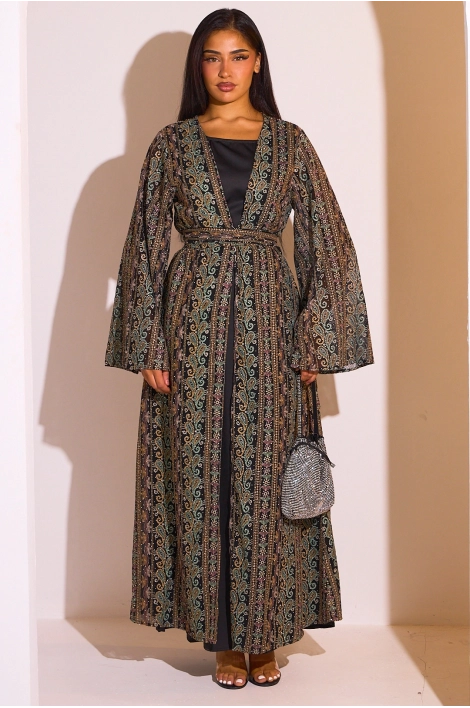 Ensemble 2 pièces : abaya + kimono noir colorés