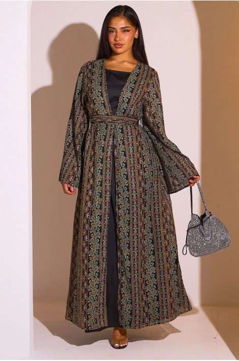 Ensemble 2 pièces : abaya + kimono noir colorés