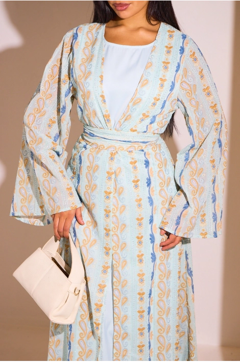 Ensemble 2 pièces : abaya + kimono bleu clair colorés