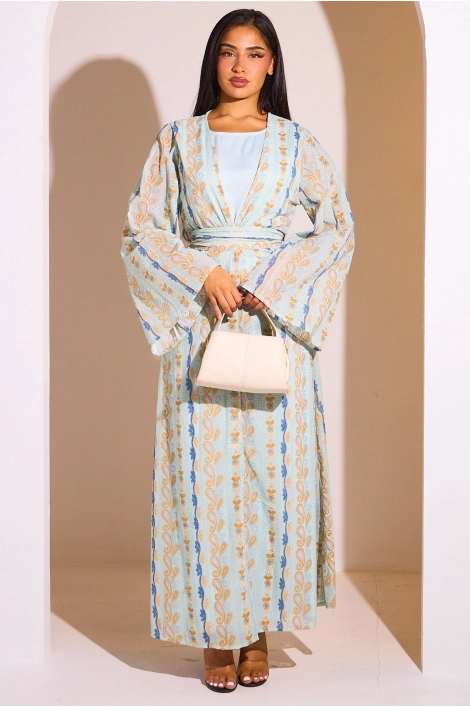 Ensemble 2 pièces : abaya + kimono bleu clair colorés