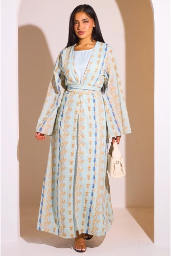 Ensemble 2 pièces : abaya + kimono bleu clair colorés