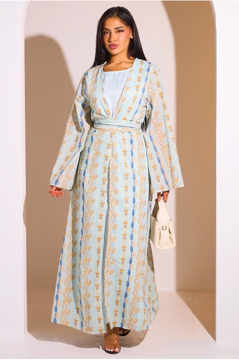 Ensemble 2 pièces : abaya + kimono bleu clair colorés