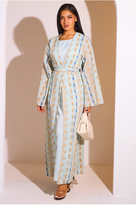 Ensemble 2 pièces : abaya + kimono bleu clair colorés