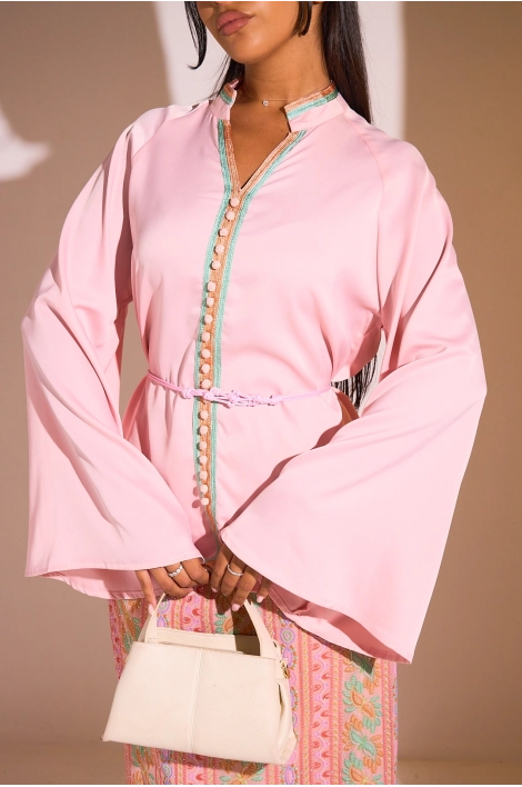 Ensemble 2 pièces : blouse + jupe rose à motifs colorés