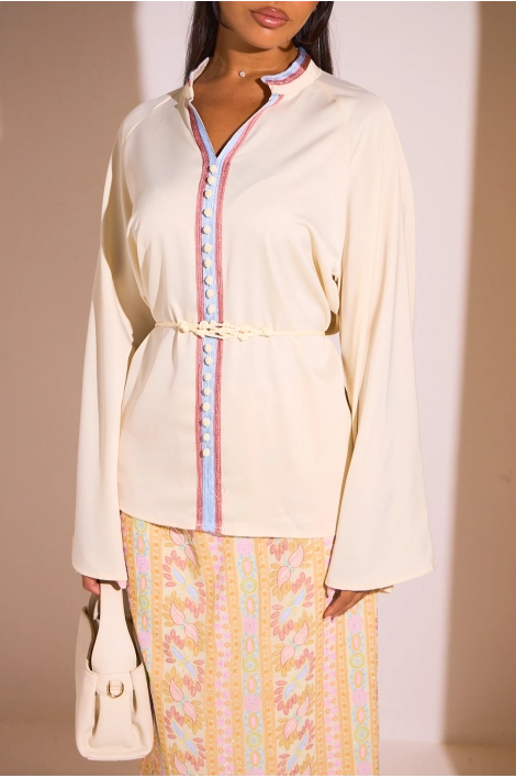 Ensemble 2 pièces : blouse + jupe jaune à motifs colorés