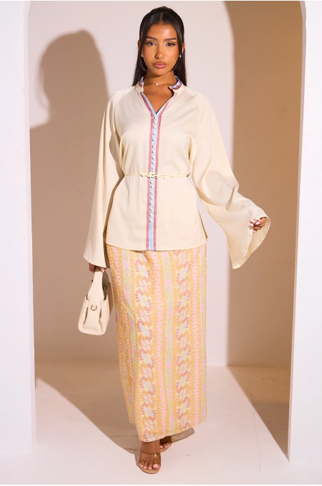 Ensemble 2 pièces : blouse + jupe jaune à motifs colorés