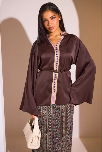 Ensemble 2 pièces : blouse + jupe marron à motifs colorés