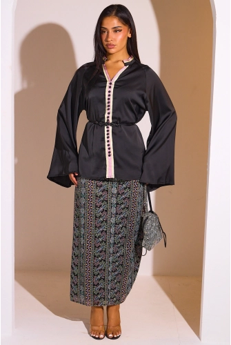 Ensemble 2 pièces : blouse + jupe noir à motifs colorés
