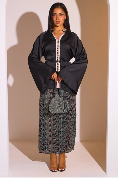 Ensemble 2 pièces : blouse + jupe noir à motifs colorés