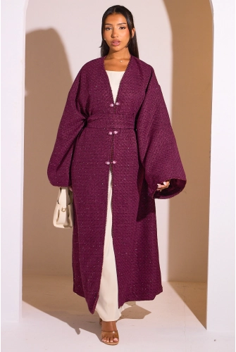 Kimono bordeaux ceinturé à détails perlés