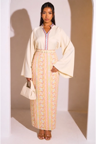 Ensemble 2 pièces : blouse + jupe jaune à motifs colorés