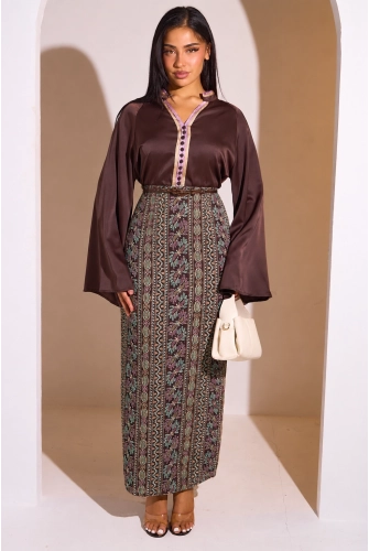 Ensemble 2 pièces : blouse + jupe marron à motifs colorés