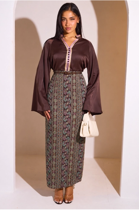 Ensemble 2 pièces : blouse + jupe marron à motifs colorés