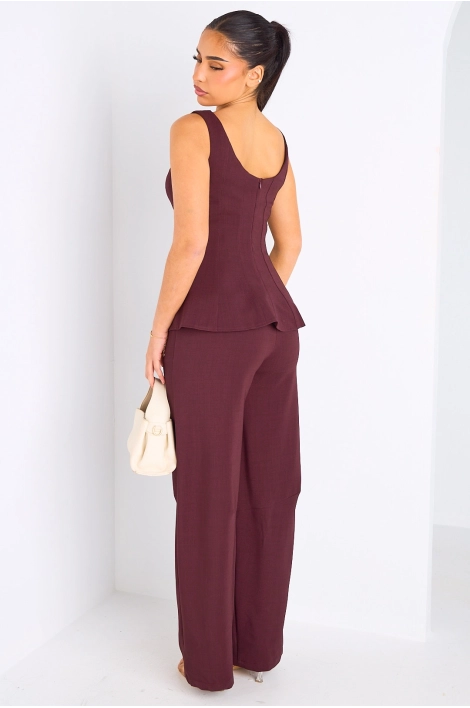 Ensemble deux pièces prune haut à bretelles + pantalon tailleur à coupe droite