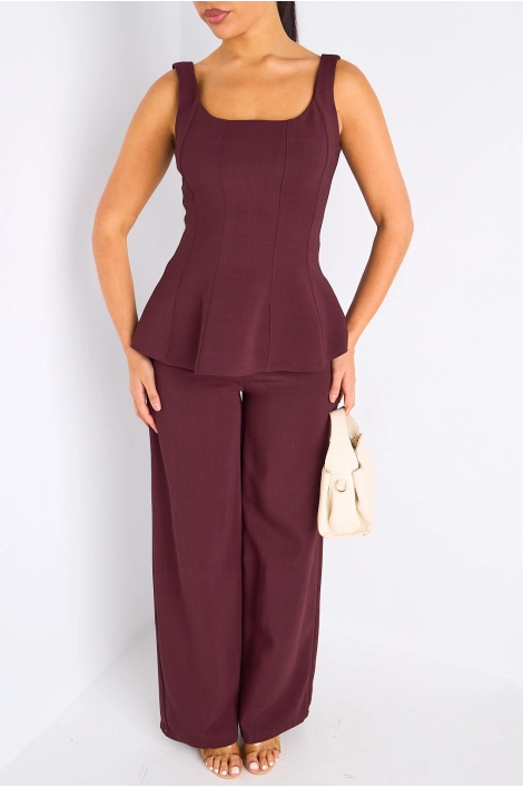 Ensemble deux pièces prune haut à bretelles + pantalon tailleur à coupe droite