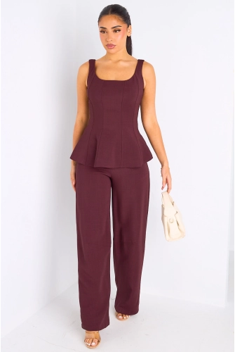 Ensemble deux pièces prune haut à bretelles + pantalon tailleur à coupe droite