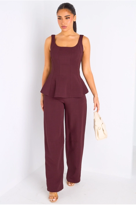 Ensemble deux pièces prune haut à bretelles + pantalon tailleur à coupe droite