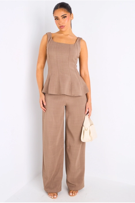 Ensemble deux pièces taupe haut à bretelles + pantalon tailleur à coupe droite
