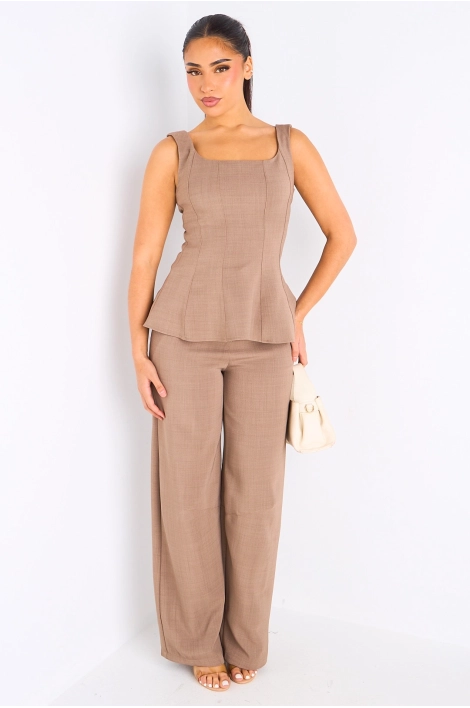 Ensemble deux pièces taupe haut à bretelles + pantalon tailleur à coupe droite