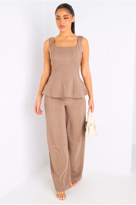 Ensemble deux pièces taupe haut à bretelles + pantalon tailleur à coupe droite