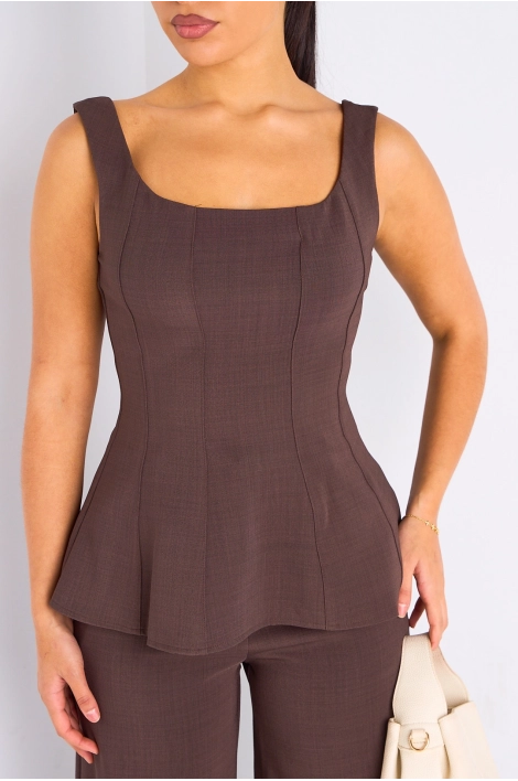 Ensemble deux pièces marron haut à bretelles + pantalon tailleur à coupe droite