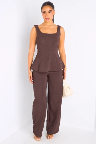 Ensemble deux pièces marron haut à bretelles + pantalon tailleur à coupe droite