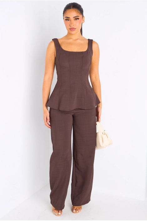 Ensemble deux pièces marron haut à bretelles + pantalon tailleur à coupe droite