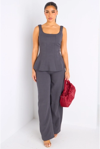 Ensemble deux pièces gris haut à bretelles + pantalon tailleur à coupe droite