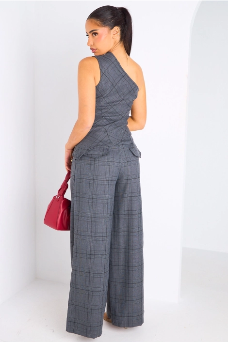 Ensemble deux pièces gris à carreaux haut one shoulder + pantalon coupe wide leg