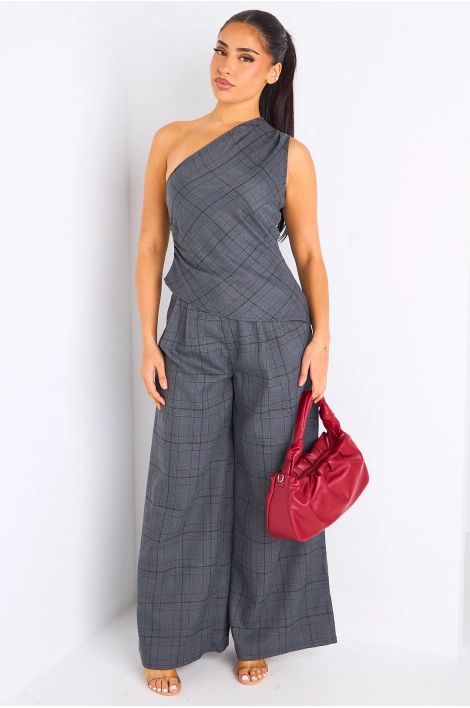 Ensemble deux pièces gris à carreaux haut one shoulder + pantalon coupe wide leg