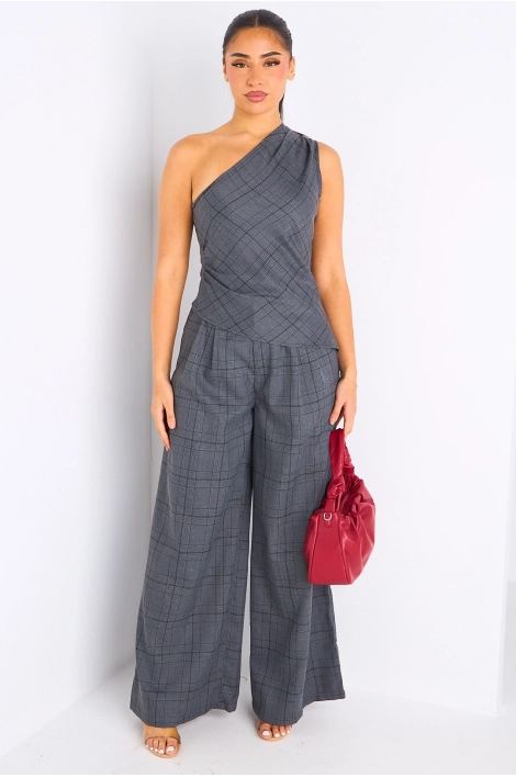Ensemble deux pièces gris à carreaux haut one shoulder + pantalon coupe wide leg