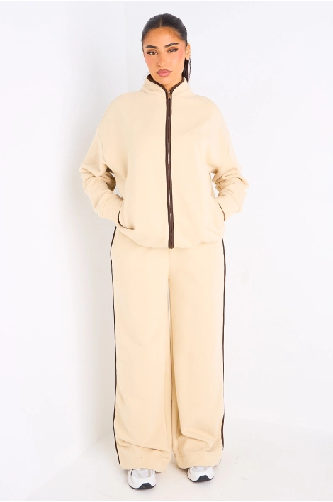 Ensemble deux pièces beige à bandes blanches veste + jogging coupe droite