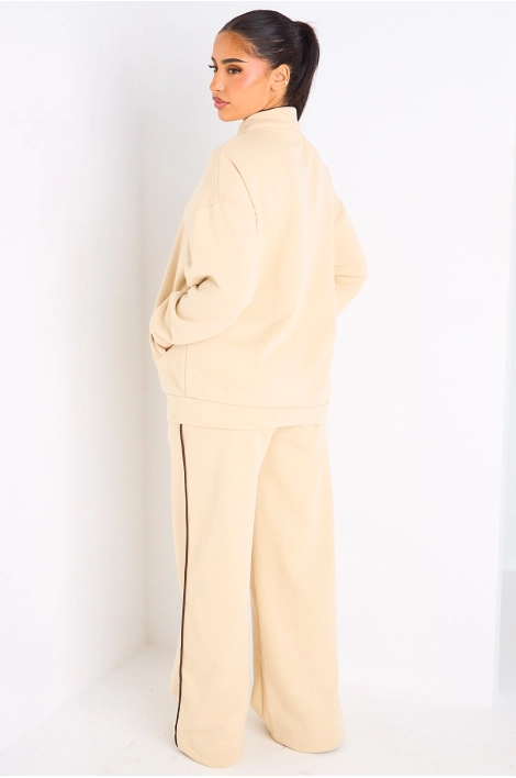 Ensemble deux pièces beige à bandes blanches veste + jogging coupe droite