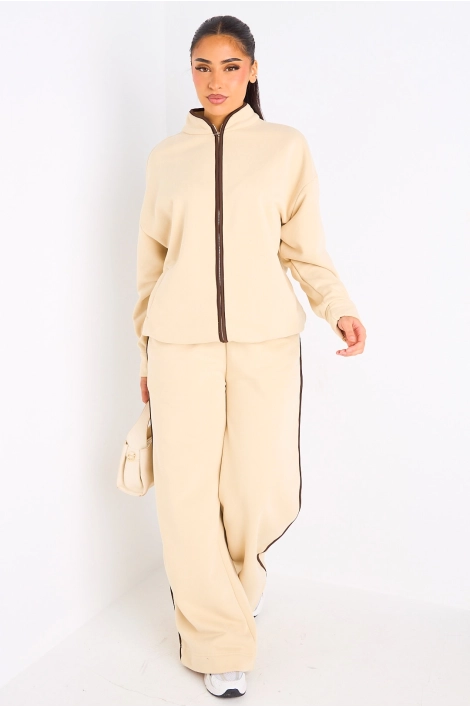 Ensemble deux pièces beige à bandes blanches veste + jogging coupe droite