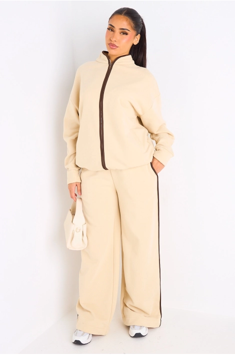 Ensemble deux pièces beige à bandes blanches veste + jogging coupe droite