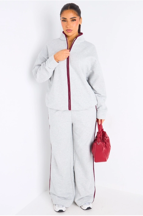 Ensemble deux pièces gris à bandes blanches veste + jogging coupe droite