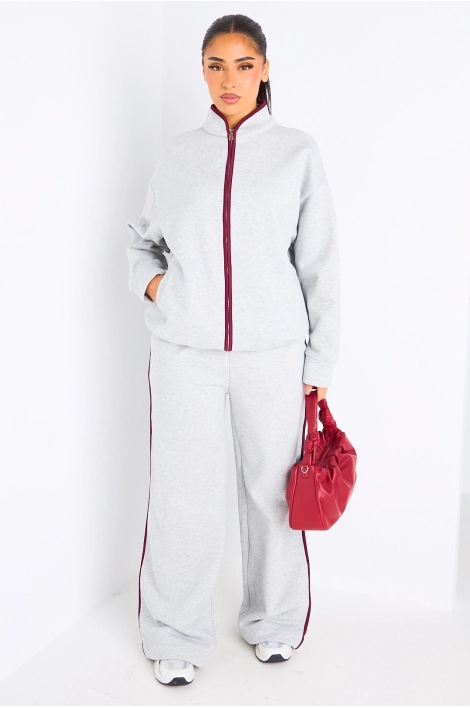 Ensemble deux pièces gris à bandes blanches veste + jogging coupe droite
