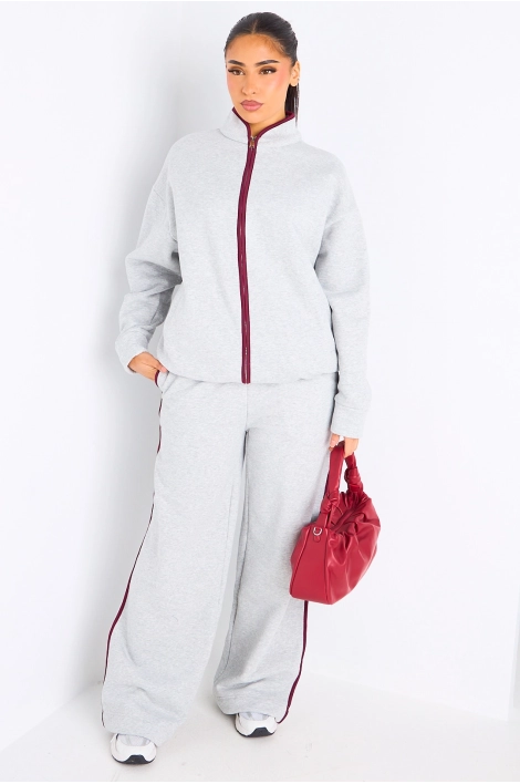 Ensemble deux pièces gris à bandes blanches veste + jogging coupe droite