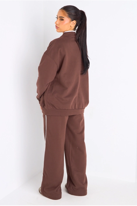 Ensemble deux pièces marron à bandes blanches veste + jogging coupe droite