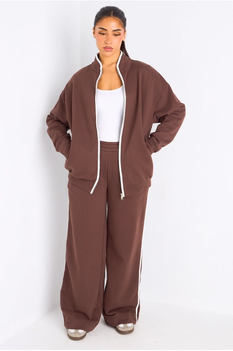 Ensemble deux pièces marron à bandes blanches veste + jogging coupe droite