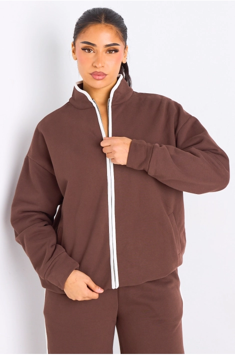 Ensemble deux pièces marron à bandes blanches veste + jogging coupe droite
