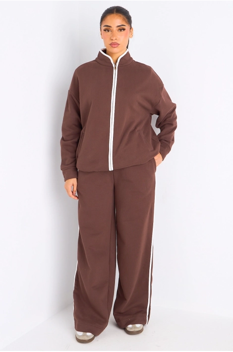 Ensemble deux pièces marron à bandes blanches veste + jogging coupe droite