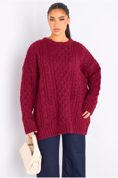 Pull bordeaux en maille à effet torsadé