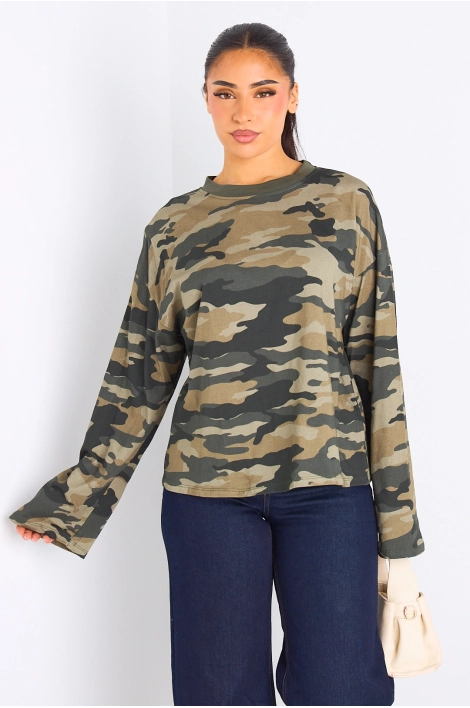 Tee-shirt manches longues kaki à effet camouflage
