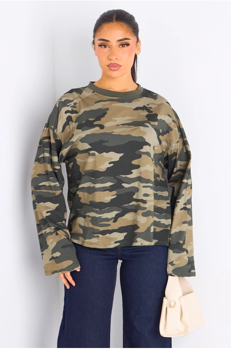 Tee-shirt manches longues kaki à effet camouflage