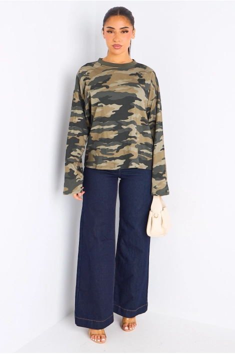 Tee-shirt manches longues kaki à effet camouflage