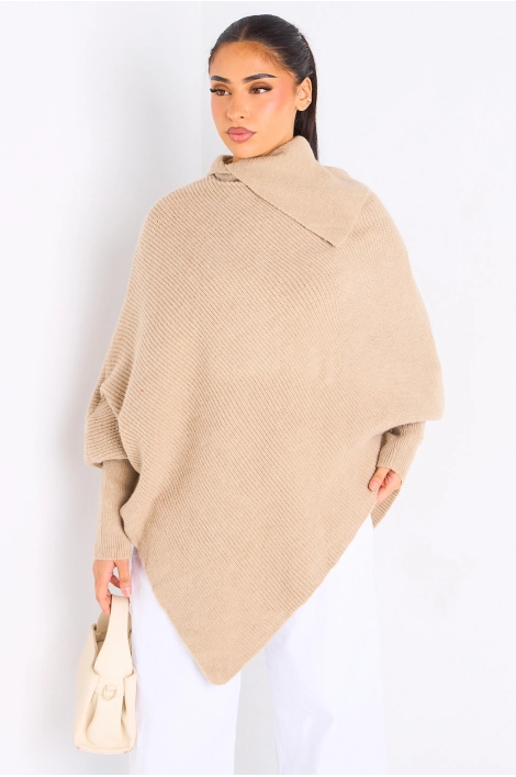 Pull en laine taupe à manches chauves-souris
