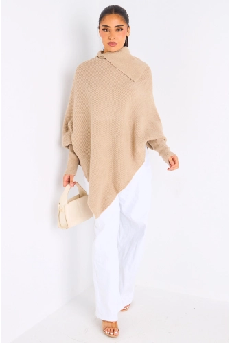 Pull en laine taupe à manches chauves-souris