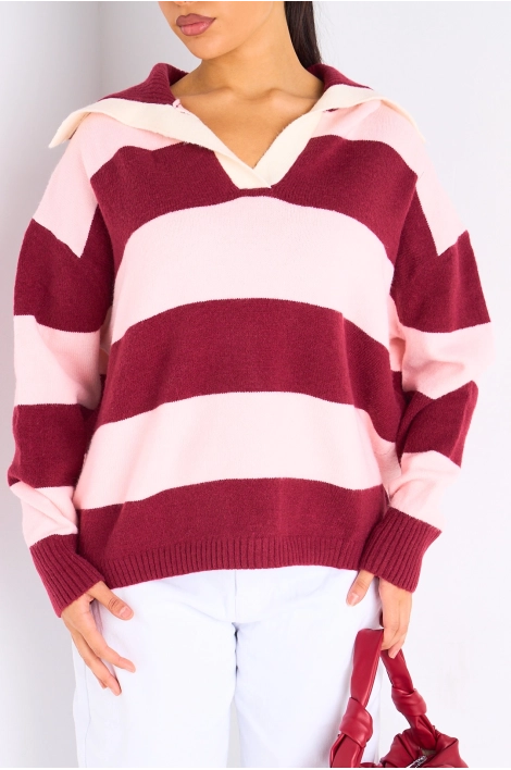 Pull en laine bordeaux à rayures roses
