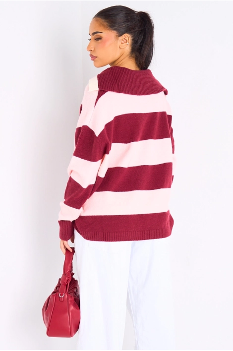 Pull en laine bordeaux à rayures roses